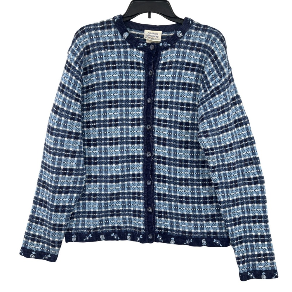 Northern Treasures Cardigan Size L Blue Plaid Floral Embroidered Cottagecore